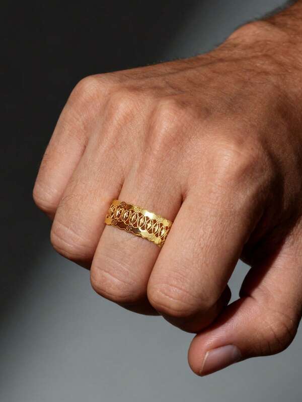 1pc Vintage Plated Gold Middle Eastern Style Leaf Edged Copper Ring, Suitable For Men's Daily, Festival, Party, Travel Wear And Ramadan Gift