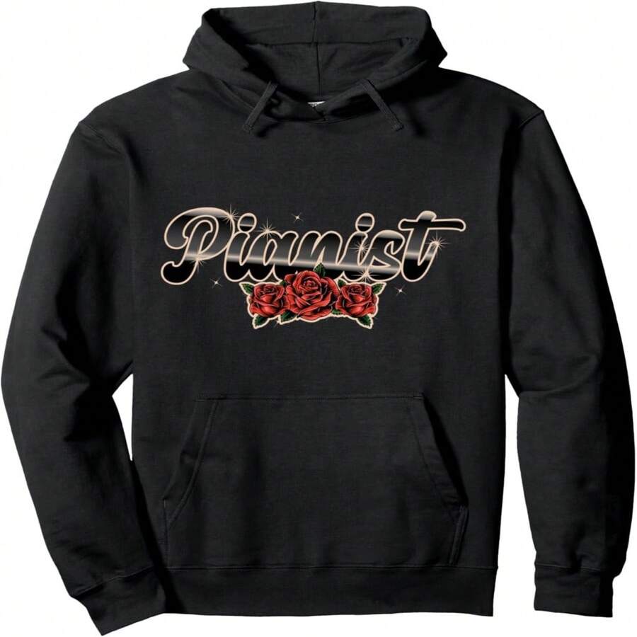 Piano Teacher Pianist Rose Flower Floral Pianist Pullover Hoodie - Black 14 - View 1