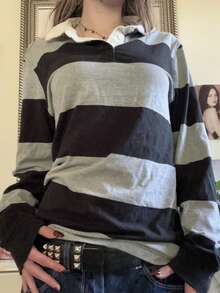 Women Striped Polo Shirt Fairy Grunge Long Sleeve Casual Pullover Top Loose Fit T Shirt Fall Spring Shirt Vintage Aesthetic Clothes Retro Streetwear 90s - 黑色 - 查看 1