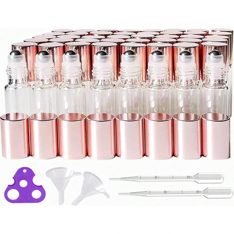 AGENIZ - 50 botellas de vidrio transparente para aceite esencial, botellas enrollables de 5 ml con bolas de acero inoxidable, botella enrollable recargable (transparente, 5 ml) - 1 - Ver 1