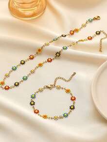 3pcs/Set Necklace, Bracelet, Earrings. Colorful Dopamine Daisy Necklace, Countryside Floral Choker Necklace For Women, Handmade Adjustable Flower Chain Bracelet With Random Flower Color Arrangement