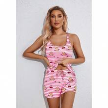 Women's Cami Pajama Set Sleeveless Racerback Tank Top Soft Sleepwear For 2025 - Pink Striped Teddy Bear - View 2