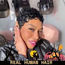 Krótka peruka typu Pixie Cut z 100% ludzkich włosów, krótka, kręcona peruka typu Pixie Cut z grzywką - przyjazna dla początkujących, bezklejowa, maszynowo wykonana peruka z naturalnych włosów o gęstości 180%, z czepkiem z siateczki różanej, do codziennego noszenia, wygodna, krótka peruka typu Pixie Cut na kostiumy na Halloween