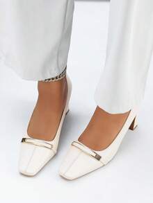 1 Par de Bombas de Salto Grosso de Bico Quadrado Francês Fashionable & Versátil, Feitas de Couro de Qualidade Vintage com Decoração de Tira, Adequadas para Vários Ambientes de Trabalho