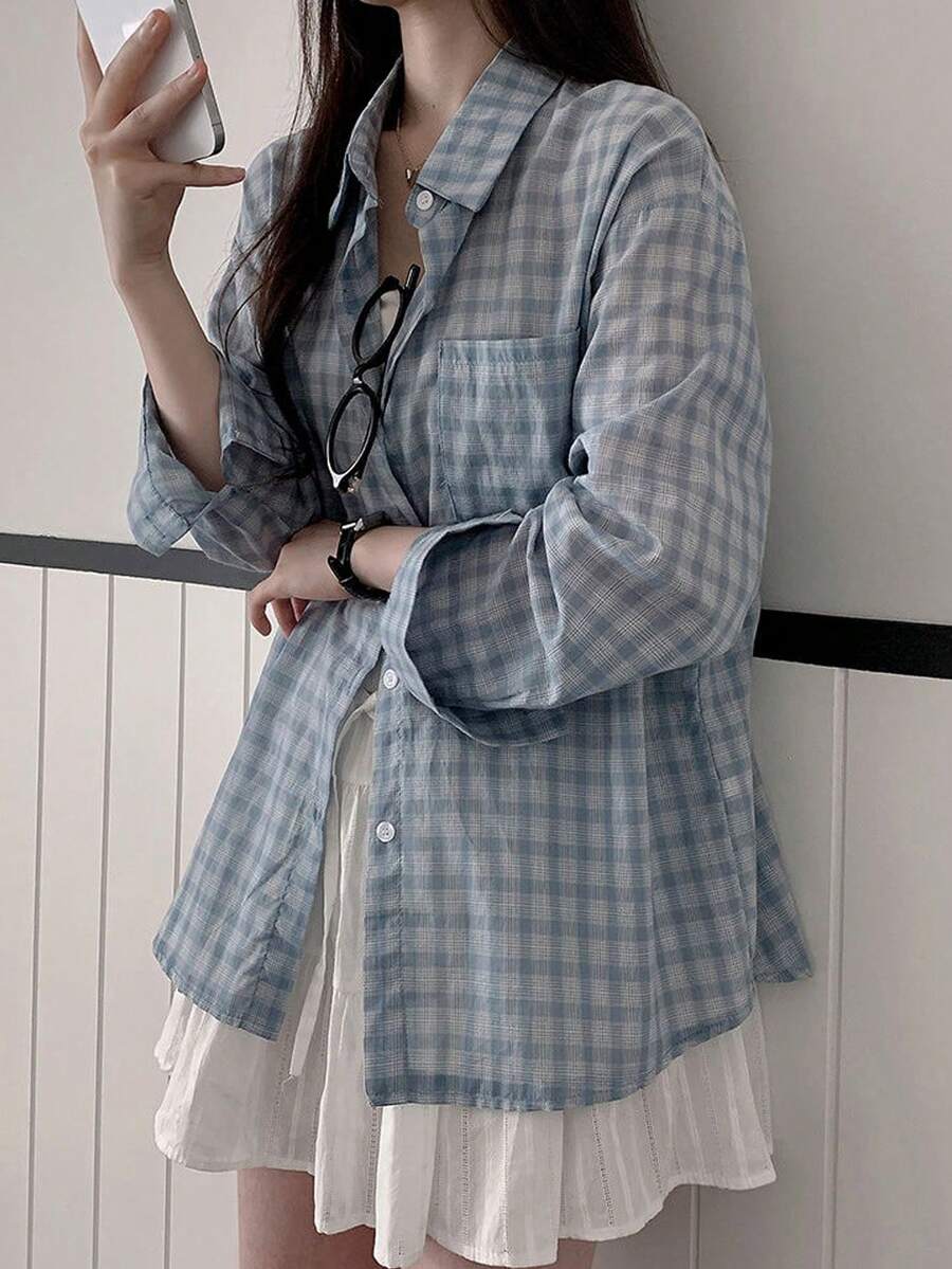 2025 格纹印花休闲百搭长袖衬衫 春季款 - 藍色 - 查看 1