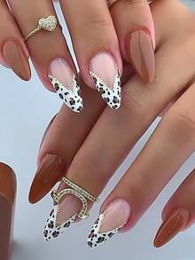 24 Pcs Almond Leopard Design French Tip Press-On Nails Almond Perfect Fit Acrylic False Nails Set, Including: 1 Piece Jelly Glue And 1 Piece Nail File, Leopard French Gilded Line Nails Suitable For Women And Girls Daily Wear And Party Use