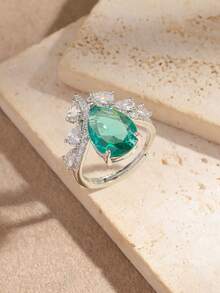 1 Stück verstellbarer Kupferring mit weißer Goldplattierung und Zirkonia-Diamanten, luxuriöser tropfenförmiger offener Ring, Kronenring, geometrischer Ring, Paraiba-Turmalin-Ring, Geschenk zu Feiertagen/Geburtstag