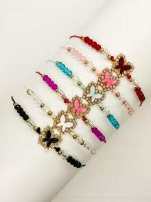 6/12pcs Pack Light Color Butterfly Sparkling Handmade Woven Crystal Bracelets, Charm Bracelets For Girlfriend, Family Sharing, Women Stacking Bracelets, Bracelet Pendants, Bracelet Sets, Y2K Bracelets, Adjustable Bracelets, Beaded Bracelets, Women Friendship Bracelets, Women Gold Accessories CCB Matching Bracelets, Couple Bracelets - Multicolor 1 - View 3