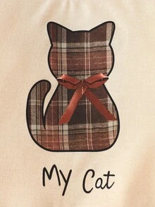1pc Girls Casual "My Cat" Letter, Bow & Cat Graphic Soft Knit Long Sleeve Sweatshirt Dress, Autumn/Winter - Apricot - View 5