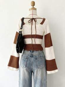 DEAR MOLLY Women's French Sexy Short Knit Sweater, Bell Sleeve Short Coffee Color-Block Fashion Square Neck Knit Sweater, Suitable For Autumn/Winter, Casual Daily Wear - Multicolor - View 3