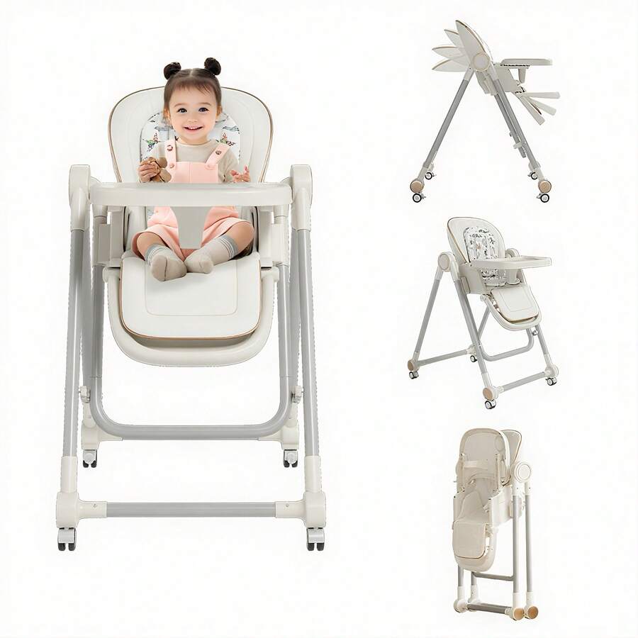 Nawahev 3-In-1 Baby High Chair For Toddlers – Adjustable Height Feeding Chair With Removable Tray & Easy-Clean PU Cushion, Portable For Travel & Camping, Ages 1-3, White - White - View 1