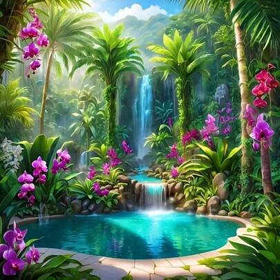 1pc Tropical Waterfall Kingdom DIY Diamond Painting Kit - Full Round Plastic Drill, Puzzle Art Set, Suitable For Beginners, Fit For Home And Office Wall Decor, Home Decor Art | DIY Handcraft Kit | Plastic Diamond Art, New Diamond Painting