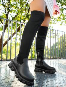 Botas de suela gruesa para mujer 2025 Otoño Invierno Botas altas para mujer de punto transpirables Botas elásticas de punta redonda Talla grande 43