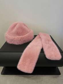 2pcs Women's Luxury Fluffy Bucket Hat And Scarf Set, Thick Faux Fox Fur Trim Bucket Hat , Ear Warmer Hats, Multi-Functional Winter Accessory Valentines Gift