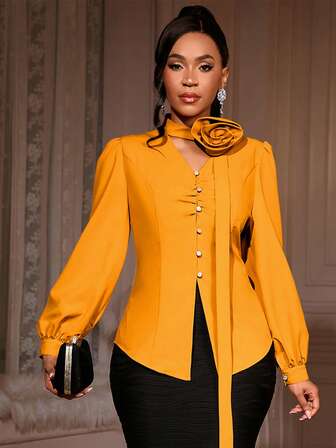 Blusa con maniche a palloncino, scollo a V e bottoni, da donna, adatta per l'autunno