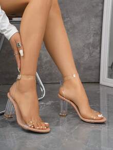 新款水晶高跟鞋 女式透明水晶粗跟高跟鞋 独特小众透明绑带派对性感PVC凉鞋 - 杏色 - 查看 5
