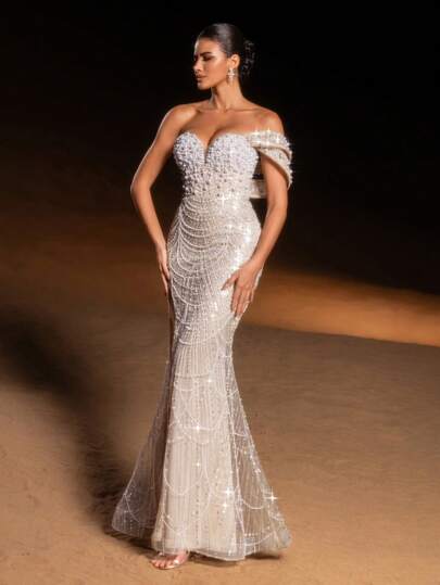 Faeriesty Elegant Mermaid Evening Gown With Heart Neckline & Strapless Design, Sequin & Bead Embroidery (Including Unique Shoulder Accents), Back Cross-Strap Detailing, Fish-Tail Silhouette – Perfect For Weddings, Red-Carpet Events, Luxury Dinners & Elegant Gatherings Party Formal Spring
