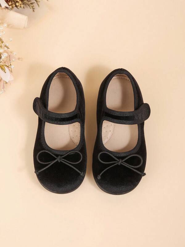 Velvet Bow Mary Jane Flats For Toddlers & Little Kids, Suitable For Autumn/Winter Party, Christmas Party, Indoors Dress Matching