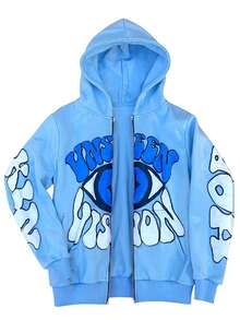 Men's Sky Blue Zipper Cardigan Hoodie UNSEEN VISION Eye Pattern Autumn Hip-Hop Fashion Jacket For Women Halloween Gifts - Màu xanh bụi bặm - Xem 2