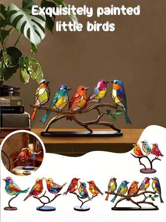1/2/3/5 st färgglad akryl flerfärgad fågel på gren skrivbordsdekor, färgglad lyckofågel platt dubbelsidig fågel skrivbordsdekor, flerfärgad kolibristaty fågelskulptur heminredning, avslappnad grundläggande stil lämplig för hem, kontor, utomhus, skola, högtidspresent, födelsedagspresent