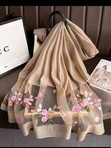 1 件仿丝刺绣海棠花围巾，时尚百搭，适合秋冬 - 卡其色 - 查看 2