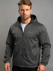 Men's Windbreaker Jacket, Lined, Waterproof, Plain, Hooded - Dark Grey - View 5