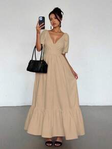 Maxi Vestido de Tirantes Ajustable con Escote en V o Pico Profundo, con Volante en el Bajo Casual para Mujer - Beis - Ver 1