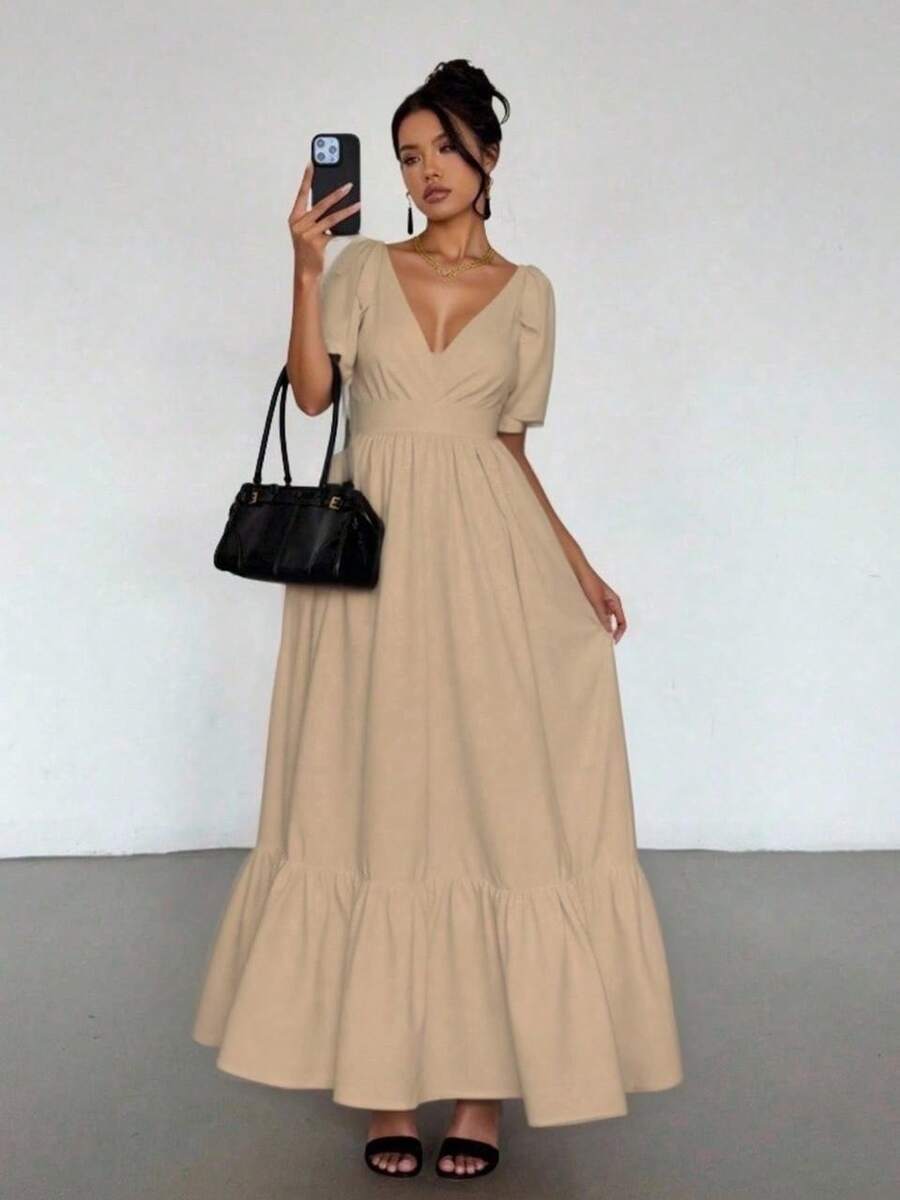 Maxi Vestido de Tirantes Ajustable con Escote en V o Pico Profundo, con Volante en el Bajo Casual para Mujer - Beis - Ver 1