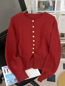 女士休闲圆领针织开衫，复古简约红色长袖短款毛衣，冬季外套 - 紅色 - 查看 3