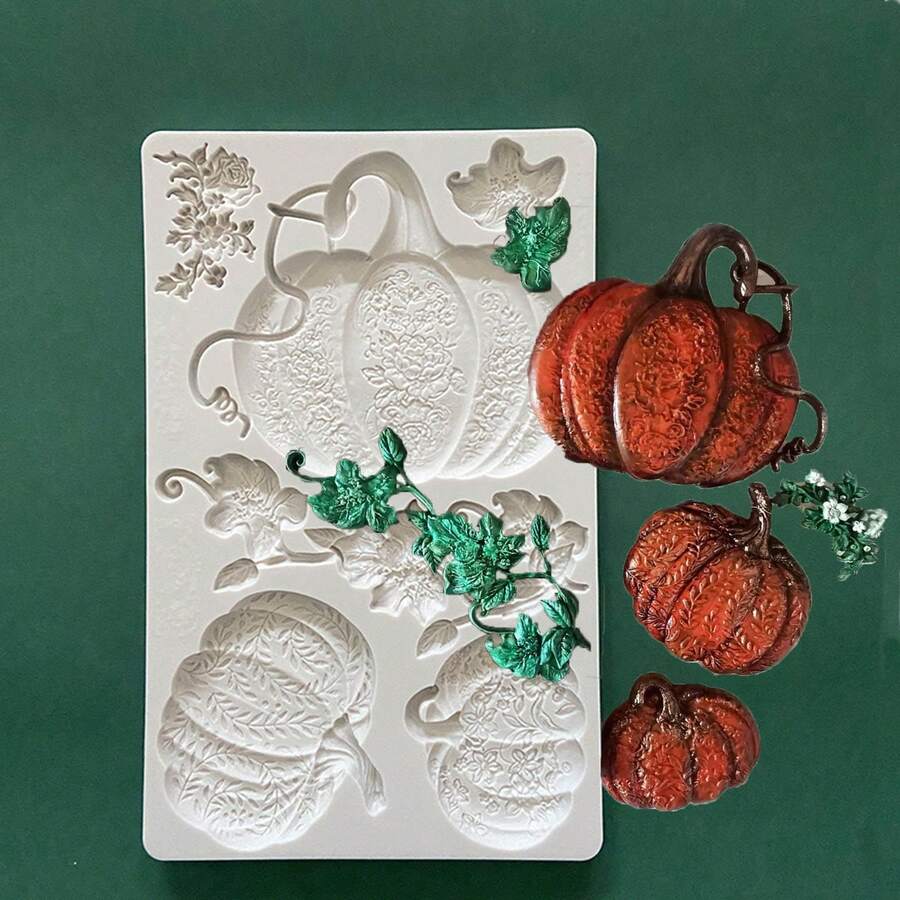 1 pieza Molde de silicona elegante de calabaza y hoja verde para Halloween, herramienta para decorar pasteles de fondant, molde de silicona, molde para caramelos, magdalenas y chocolate, accesorios de cocina, herramienta de repostería - Gris Claro - Ver 1