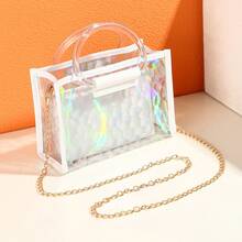 白色閃亮手提肩袋，塔式手提袋。符合球場要求的12*12*11透明清晰錢包袋，適用於演唱會運動賽事音樂節，防水，防沙透明袋，沙灘運動野餐零食透明錢包，女士必備 - 白色 - 查看 7