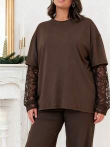 Camiseta de manga larga con parches de encaje para mujer de talla grande, cómoda y elegante para uso diario, ir al trabajo, volver al colegio, festivales de música - Café integral - Ver 6