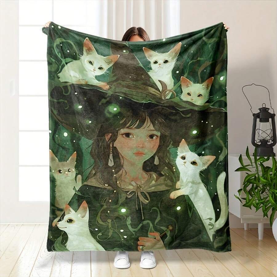 Cozy Flannel Throw Blanket With Witch & White Cat Design - Perfect For Couch, Bed, Or Travel  All-Season Comfort From Suige Home