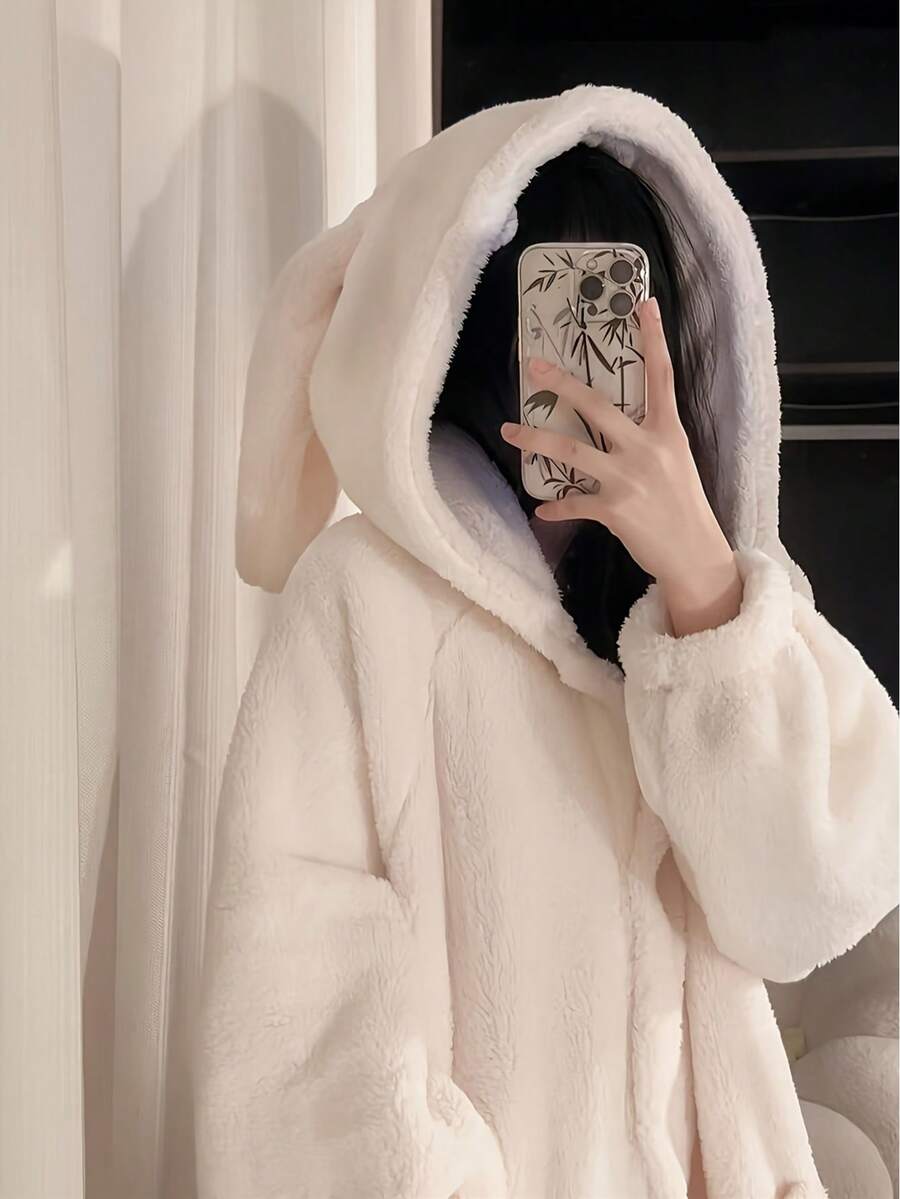 女士冬季睡袍 - 带兔耳朵的毛绒连帽浴袍，加厚保暖睡衣，舒适家居服，可爱兔子主题派对服装，奢华水疗家居服，女士浴袍，寒冷天气睡衣，趣味设计，柔软面料，舒适睡衣，卡通风格，耐用，成人睡衣，睡衣，动物睡衣，冬季睡衣，女士睡衣，女士睡袍