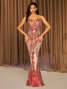 LOVE&LEMONADE Red V-Neck Sequin Embellished Evening Gown (Random Floral Pattern On Back, Not Matched) - Red - View 4