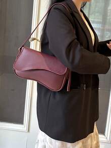 Fashionable Solid Color PU Shoulder Bag, Versatile For All Seasons - Burgundy Saddle Bag Burgundy Women's Handbag, Fashionable Minimalist Ladies' Casual Bag Fashionable Baguette Bag