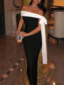 Vestido largo elegante de mujer StyleQye, de unicolor, elegante, con nudo y abertura, adecuado para fiestas, citas nocturnas, bodas