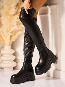 1 双通勤仿皮舒适时尚过膝长靴，适合办公室穿着，秋冬 - 黑色 - 查看 3