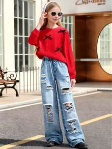 2pcs/Set Girls Casual Everyday Butterfly Jacquard Top And Distressed Light Wash Denim Jeans Pants