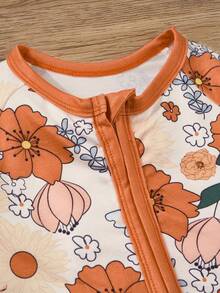 Baby Girl Zipper Front Long Sleeve Romper, Soft Breathable Comfortable Daily Wear, Round Neck Flower Print Jumpsuit, Spring Autumn - trái cam - Xem 3