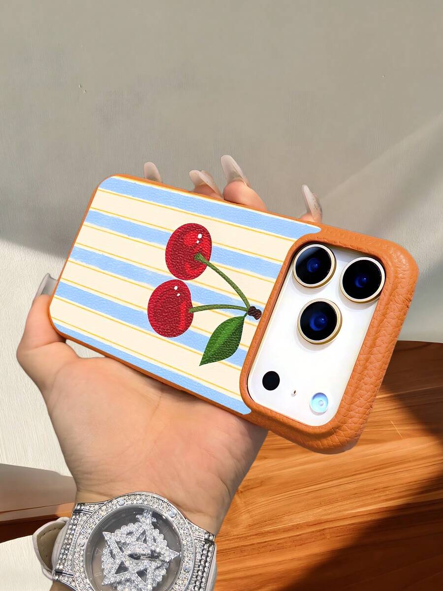 Cute Cherry Print Striped Design Phone Case For Teens Aesthetic Summer Pattern Protective Cover Shockproof Compatible With  17 Promax /  17pro/  Air/  17 - màu nâu - Xem 1