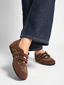 2025 秋冬春季复古红色百搭钩环玛丽珍鞋，女士休闲圆头平底皮鞋，芭蕾鞋 - 棕色 - 查看 4