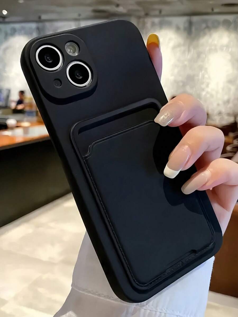 1pc Self-Adhesive Card Holder + Skin-Friendly Edged TPU Full Coverage Anti-Drop Minimalist Phone Case Compatible With Apple 17, 16, 15, 14, 13, 12, 11 Pro Max, Galaxy A52, A12, S22 - Black - View 1