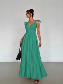 Maxi Vestido de Tirantes Ajustable con Escote en V o Pico Profundo, con Volante en el Bajo Casual para Mujer - Verde - Ver 2