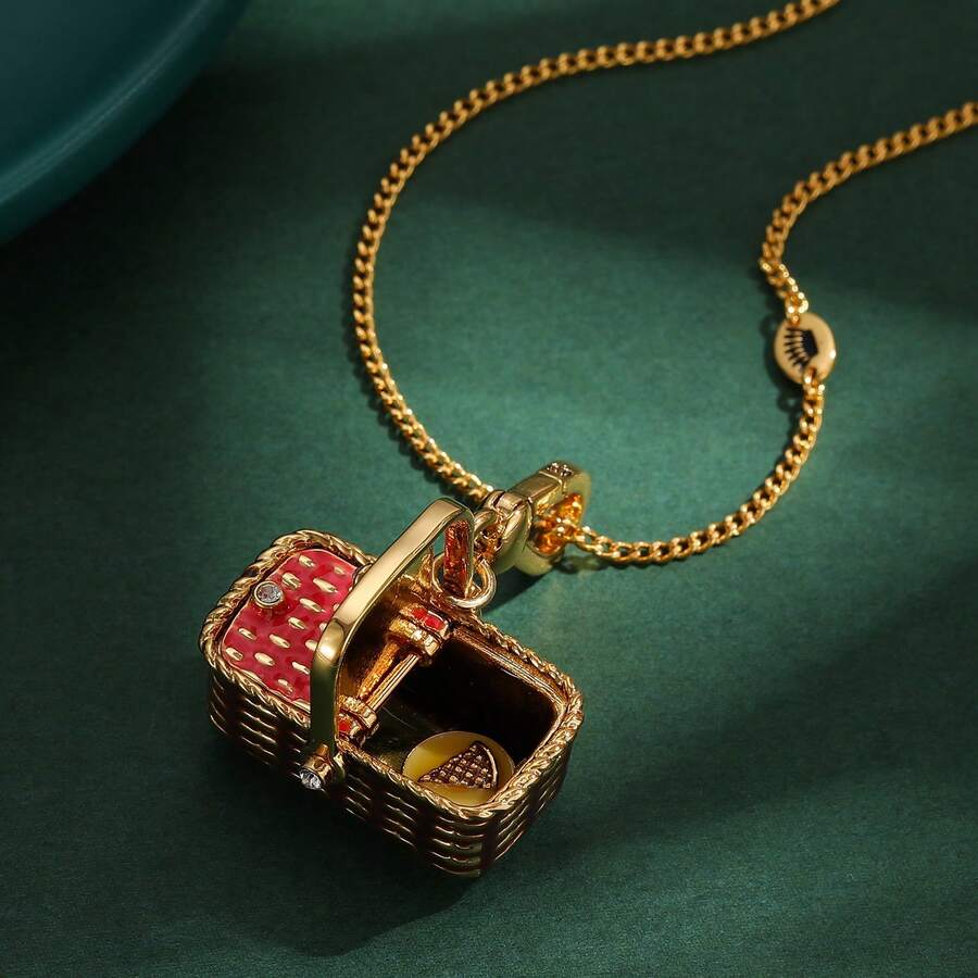 1pc Luxurious Enamel Openable Picnic Basket Pendant Necklace, Unique Charm Keychain Accessory, Suitable For Women's Daily Wear