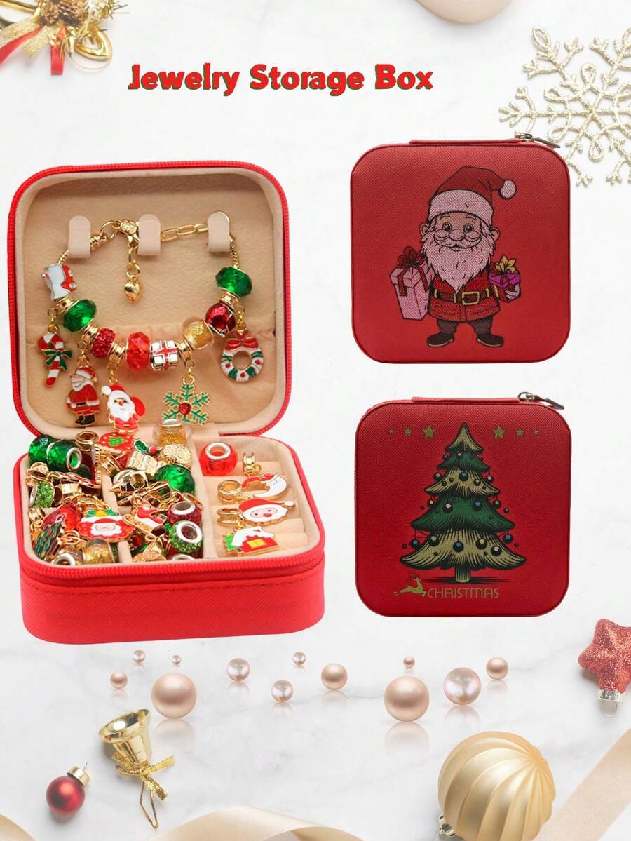 1 Stück Schmuckaufbewahrungsbox im Weihnachtsdesign mit Weihnachtsmann/Weihnachtsbaum als Geschenk für Frauen, Mini Schmuckorganizer, Geschenk für Frauen, große Kapazität, Reiseessentiell, für Urlaub, Strand, Badezimmer, Schlafzimmer