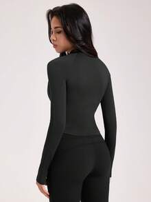 VUTRU Jachetă sport pentru femei, cu guler înalt și fermoar, croială ajustată, cu mânecă lungă, pentru exterior, top de fitness, toamnă/iarnă - Negru - Vizualizare 3