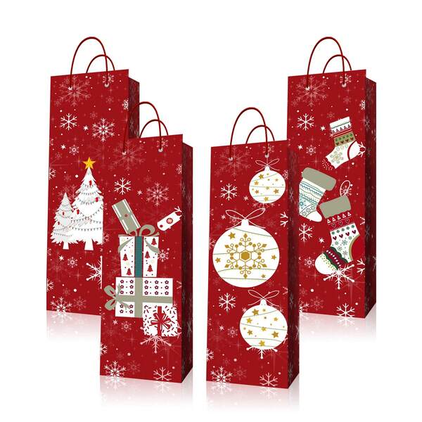 4 pièces Sacs cadeaux de vin de Noël, série rouge, ensemble de chaussettes cadeaux, ornements d'arbre de Noël, boîte cadeau de fête, convient pour les cadeaux d'emballage pour les célébrations de Noël