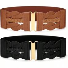 Vintage Stretchy Wide Elastic Belt With Gold Buckle For Women - 2件裝-黑色+棕色 - 查看 1