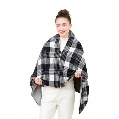 Xale Aquecido por USB, Capa Quente, Poncho Xadrez Feminino, Temperatura Ajustável, Xale Longo, Adequado para Casa, Viagem, Escritório e Outros Cenários
